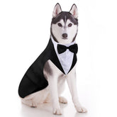 Weewooday dog tuxedo with bow tie, front view; elegant look for weddings or parties.