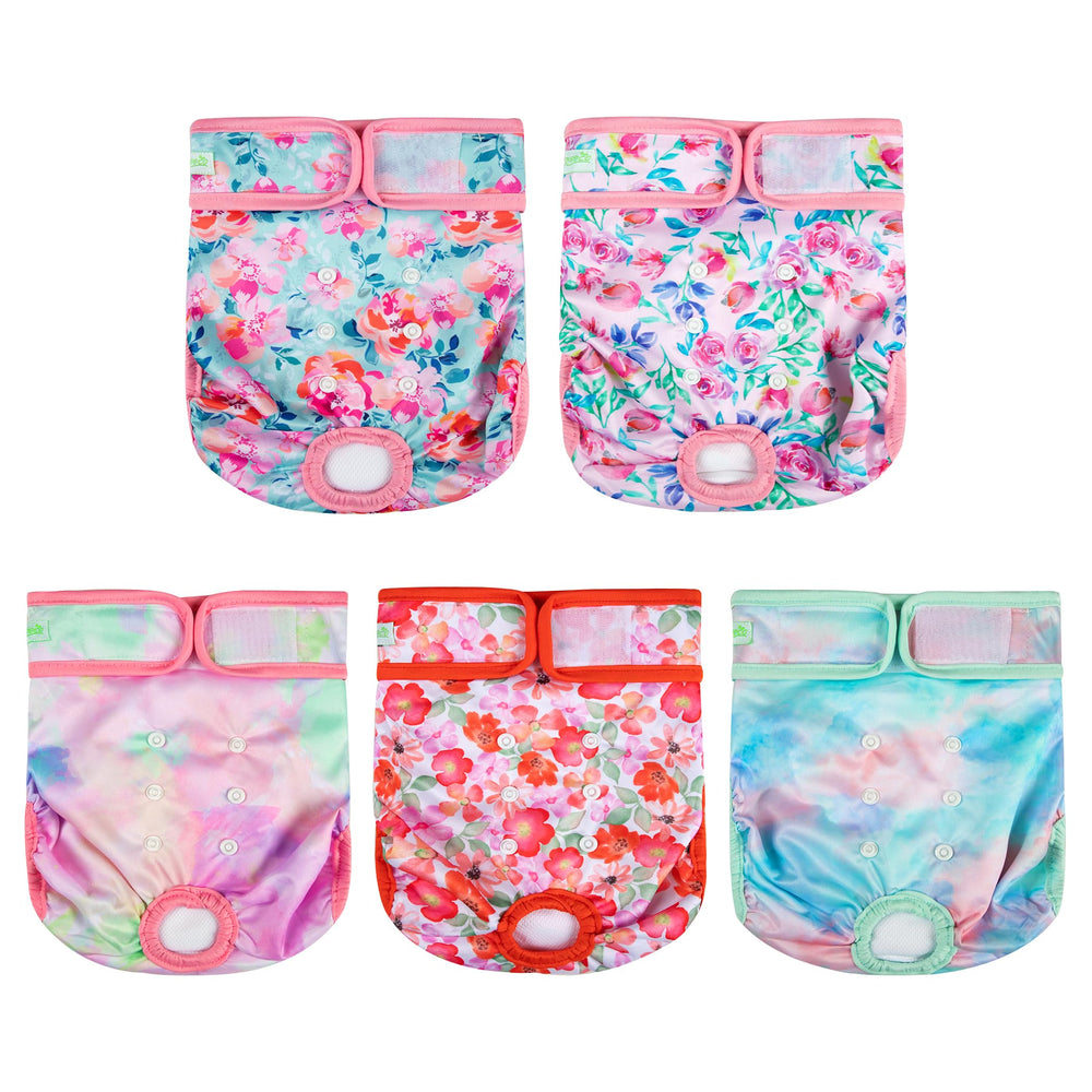 Wegreeco Blossoms dog diapers flatlay shows adjustable fit for multiple sizes.