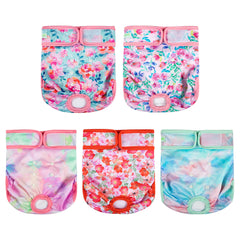 Wegreeco Blossoms dog diapers flatlay shows adjustable fit for multiple sizes.