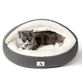 Welfibr covered cat bed in gray creates a snug cave for privacy and warmth.
