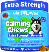 Well Loved Calming Chews bottle shows a US-made calming aid for anxious dogs