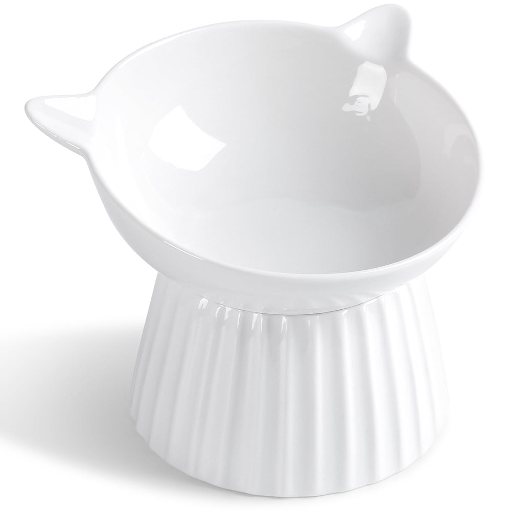 Wellbro ceramic raised cat bowl front view improves feeding comfort