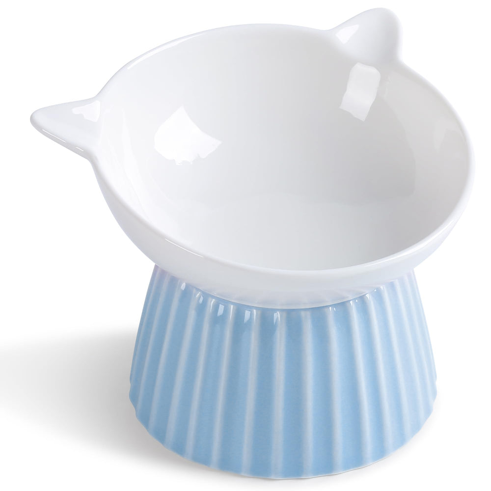 Wellbro ceramic raised cat bowl pink side view helps reduce neck strain during meals.