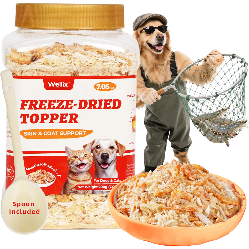 Wellix Antarctic Krill Treats jar shows a crunchy, low-calorie topper for indoor cats.