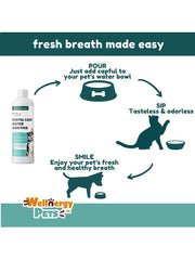 Wellnergy Pets dental care water additive promotes fresher breath during daily water routines.