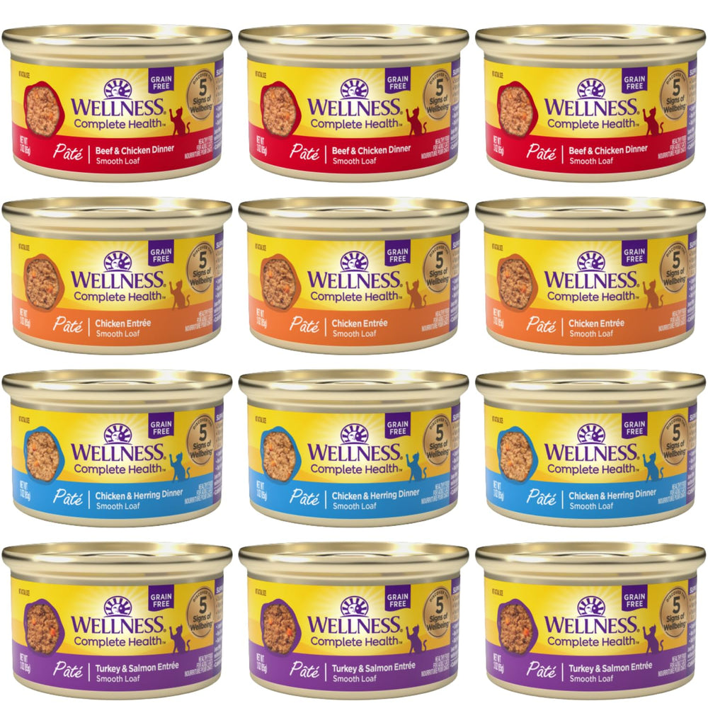 Wellness natural cat wet food pate 12-pack cans on shelf supports balanced meals for adult cats.