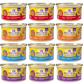 Wellness natural cat wet food pate 12-pack cans on shelf supports balanced meals for adult cats.