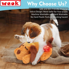 WEOK heartbeat puppy toy bedtime scene showcasing sleep-friendly reassurance for puppies