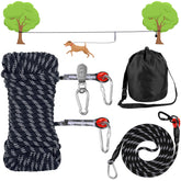 Weraher dog trolley overhead system with 50ft reach for secure outdoor play.