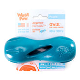 West Paw Qwizl small River Blue with treat-dispensing design for puzzle play.