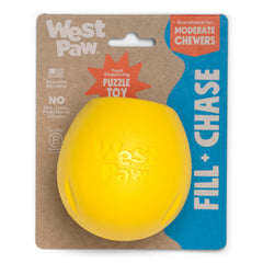 West Paw Rumbl small dandelion-yellow fill opening enables easy loading.