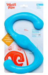 West Paw Zogoflex Bumi tug toy in aqua blue ready for fetch and play