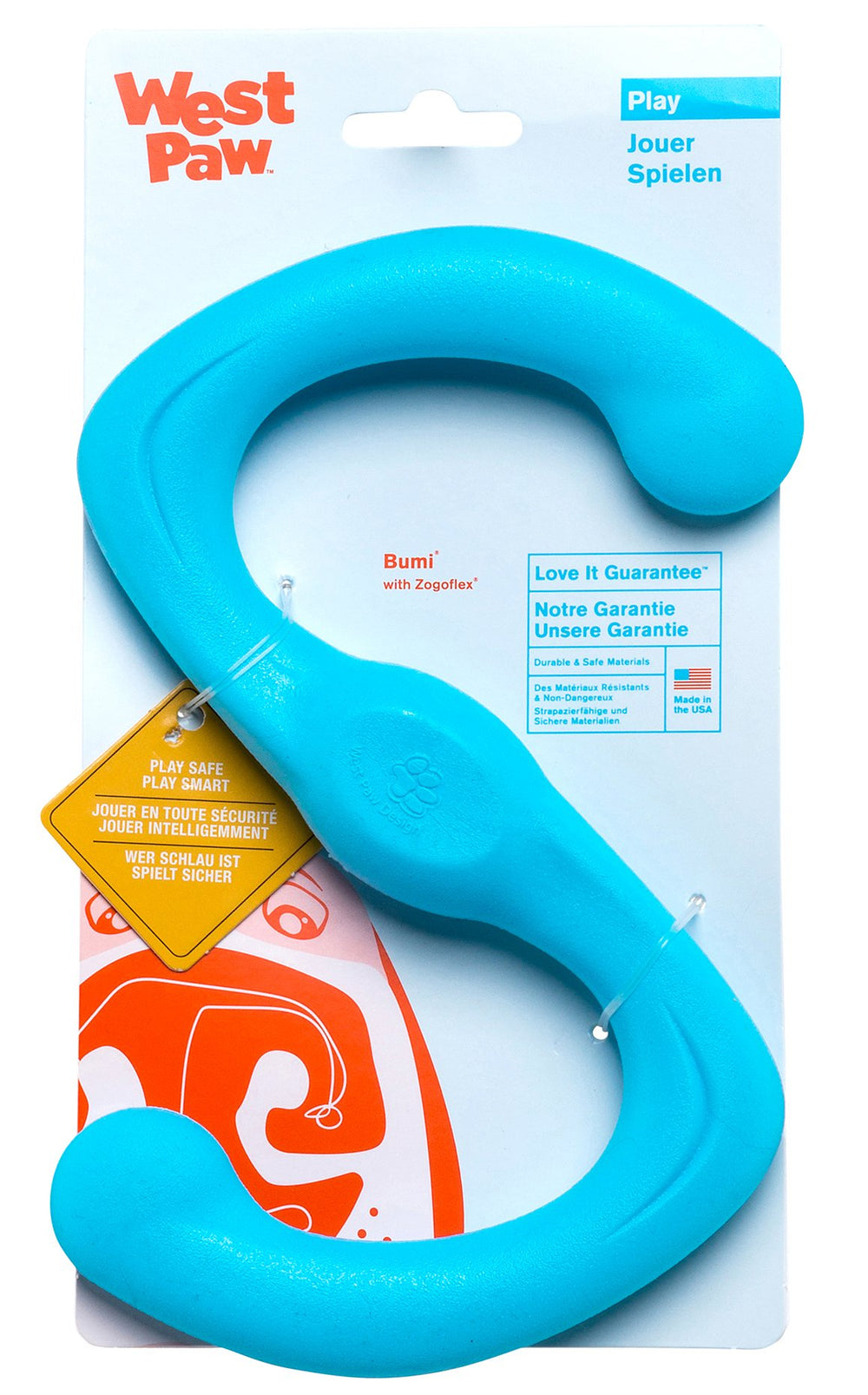 WEST PAW Zogoflex Bumi S-shaped toy in aqua blue for durable tug play.