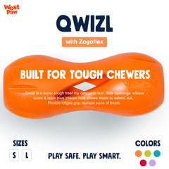 West Paw Zogoflex Qwizl treat-dispensing action image demonstrates treat-prolonging sessions.