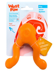 West Paw Zogoflex Tizzi treat-dispensing toy with unlocked handles for interactive play
