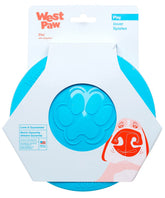 West Paw Zogoflex Zisc aqua blue 6.5-inch disc in flight for fetch.