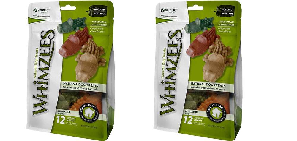 Whimzees Alligator Chews packaging showing gluten-free natural dog treats for dental care.