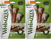 Whimzees Large Brushzees pack shot shows grain-free dental chews for dogs supporting plaque control.