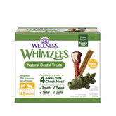 Whimzees Wellness Box front packaging highlights natural dental treats for daily use.