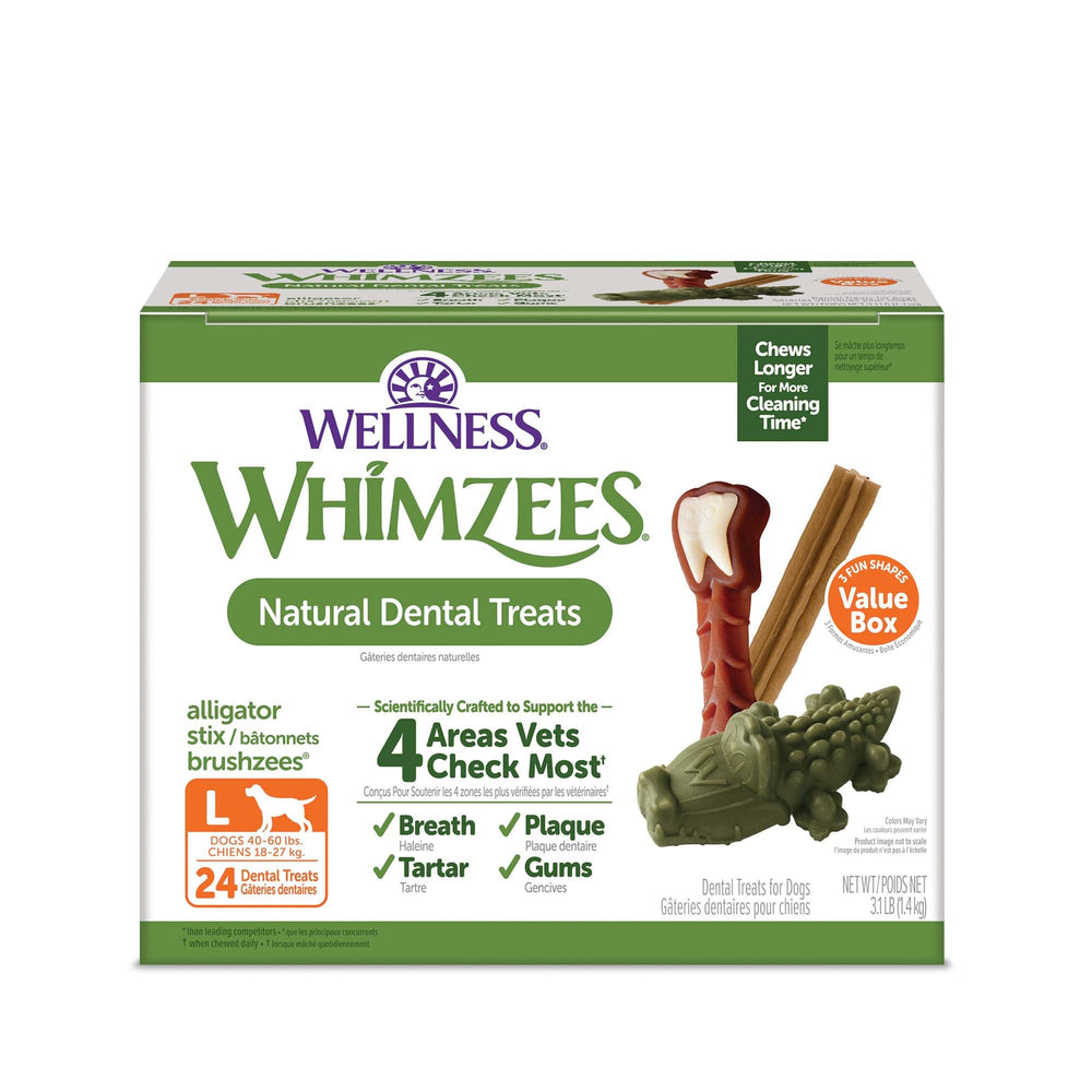 Whimzees Wellness Value Box packaging with large 24-count dog dental treats for daily care