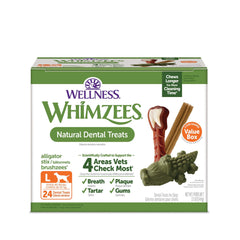 Whimzees Wellness Value Box packaging with large 24-count dog dental treats for daily care