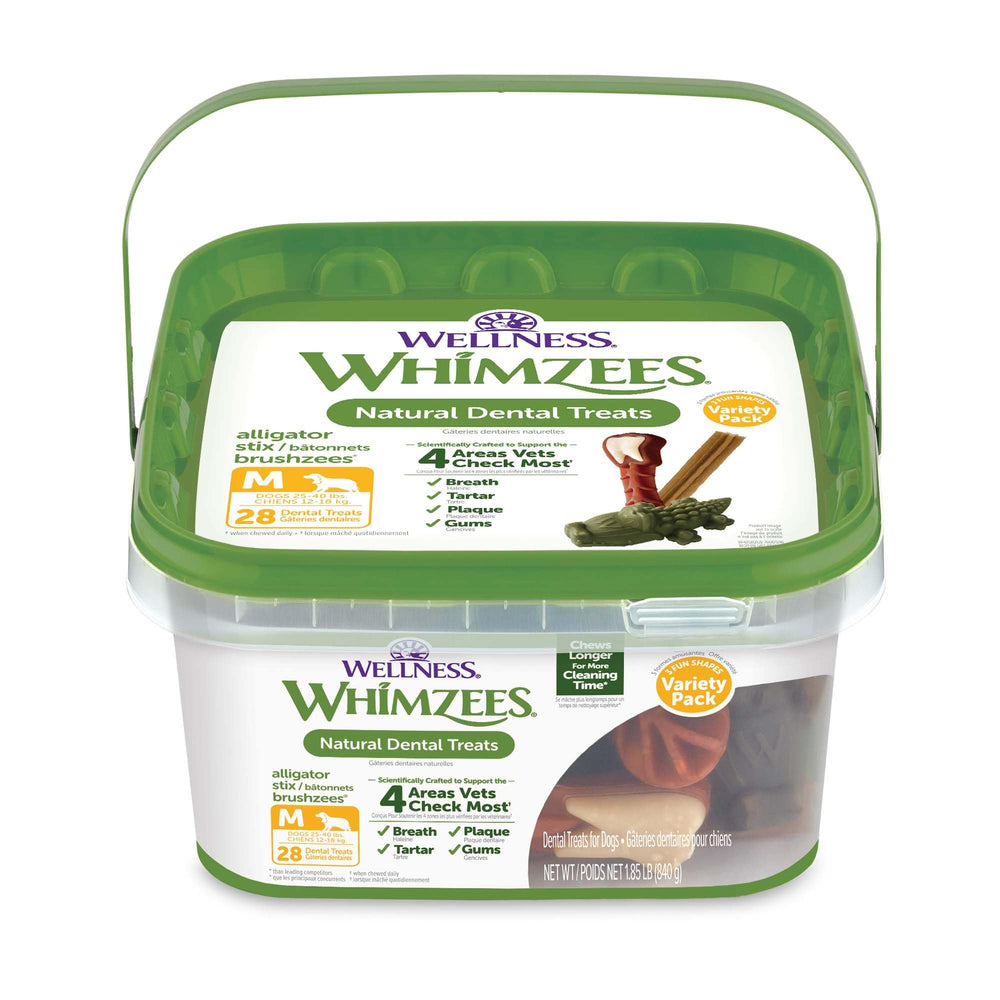 Whimzees Wellness Variety Pack box ready for daily dental care routine.