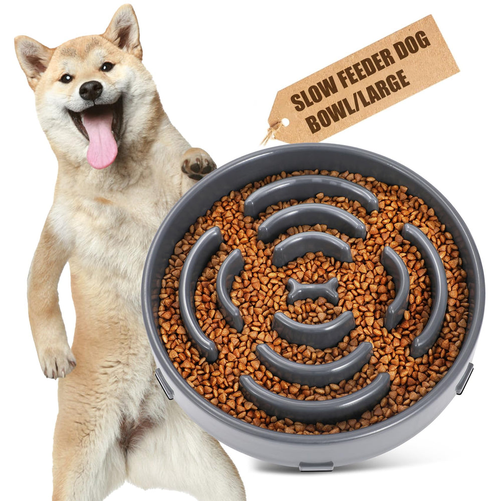WHIPPY slow feeder bowl gray top view promotes mindful eating for large dogs