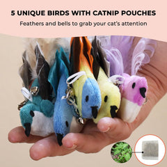 Whiskertons bird toy with feathers and bells keeps attention with catnip pouches.