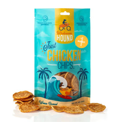 Wholesome Hound Chicken Chips packaging highlights USA-made, single-ingredient dog treats.