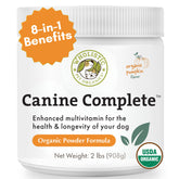 Wholistic Pet Organics Canine Complete bottle front — premium daily multivitamin for all breeds.