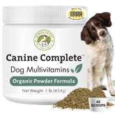 Wholistic Pet Organics Canine Complete bottle label highlighting probiotic-rich multivitamin