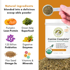 Wholistic Pet Organics Canine Complete meal-topper demonstrated for easy meal mixing