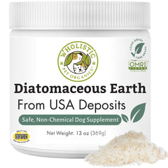 Wholistic Pet Organics Diatomaceous Earth packaging shows freshness for pet wellness