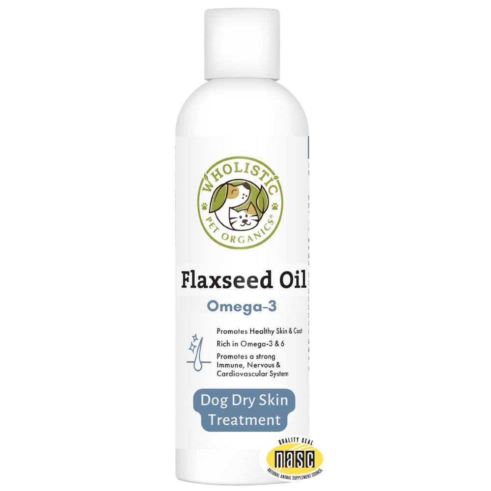 Wholistic Pet Organics flaxseed oil bottle for dogs supporting skin and coat health.