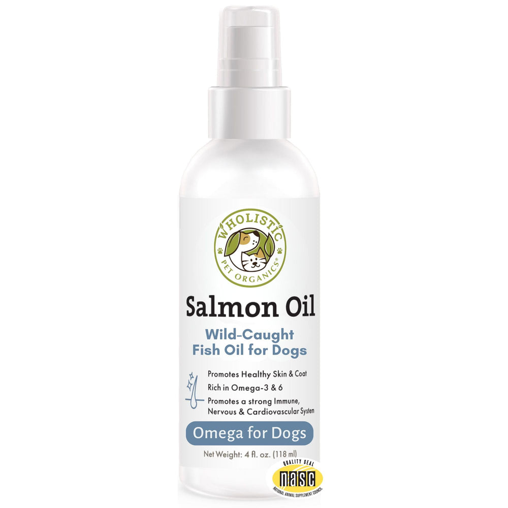 Wholistic Pet Organics salmon oil bottle label emphasizes wild Alaskan origin for omega support.