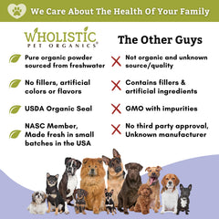 Wholistic Pet Organics Spirulina in bowl shows powder being mixed into dog food.