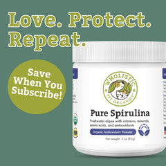 Wholistic Pet Organics Spirulina dog daily dosage spoon highlighting easy daily topping.
