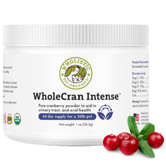 Wholistic Pet Organics WholeCran Intense cranberry powder bottle supports urinary health.