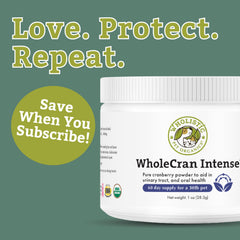 Wholistic Pet Organics WholeCran Intense cranberry powder with scoop for easy daily dosing.