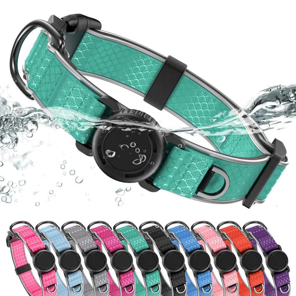 WhoseID Airtag dog collar waterproof holder close-up highlighting reliable outdoor tracking