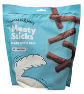 Wiggles & Wags beef meaty sticks bag front shows resealable packaging for freshness.