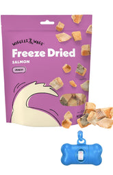 Wiggles and Wags freeze-dried salmon treats in a 4oz package showing crunchy bites