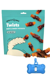 Wiggles & Wags Twists beef and sweet potato treats in a resealable bag for training.