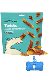 Wiggles & Wags Twists chicken-sweet-potato treats in a 16 oz bag, ideal for training rewards.