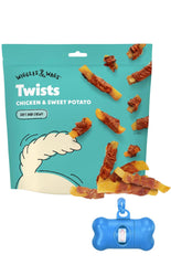 Wiggles & Wags Twists chicken-sweet-potato treats in a 16 oz bag, ideal for training rewards.