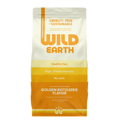 Wild Earth vegan dry dog food bag in golden-rotisserie flavor offers premium plant-based nutrition.