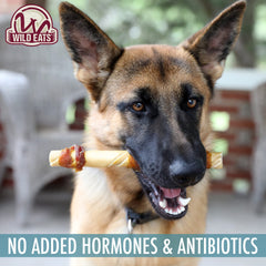 Wild Eats Water Buffalo Cheek Twist in bowl — tasty single-source protein for dogs.