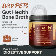 Wild Foods Dog Bone Broth Powder tub-label shows clean ingredients supporting gut health and joints.