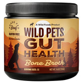 Wild Foods Dog Bone Broth Powder tub-packaging highlights a natural, filler-free supplement for digestion.
