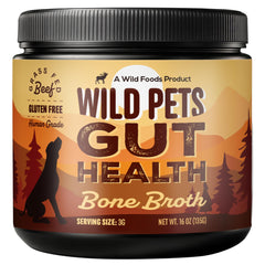 Wild Foods Dog Bone Broth Powder tub-packaging highlights a natural, filler-free supplement for digestion.
